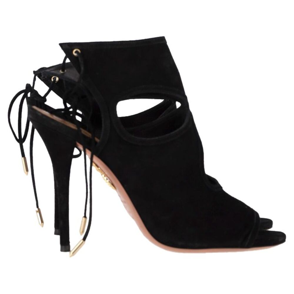 Aquazzura Sexy Thing Cutout Sandal Heels in Black Suede